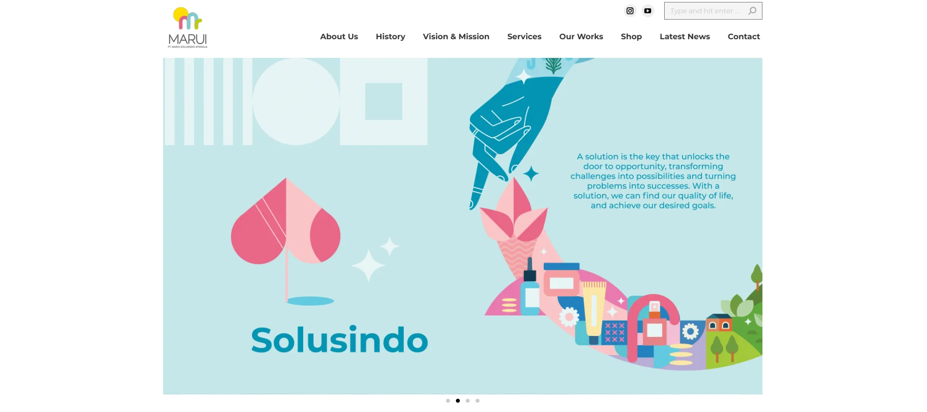 Homepage banner for Solusindo website featuring abstract graphics, colorful design elements, a hand holding a flower, and a motivational message about solutions and opportunities.